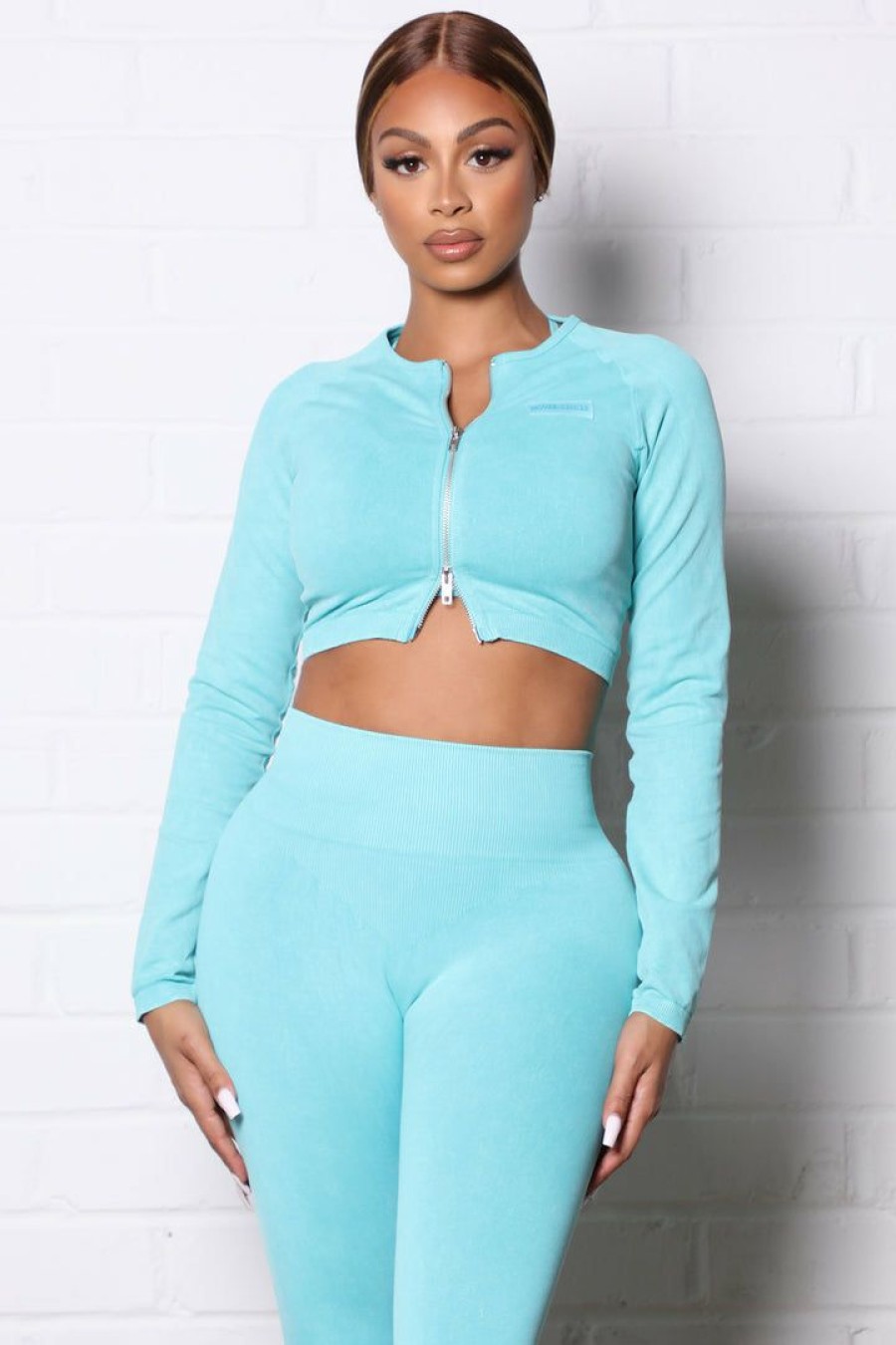 Activewear Tops * | Buy Fashion Nova New Flex Mineral Wash Active Crop Jacket In Infinity Seamless Aqua Activewear Tops