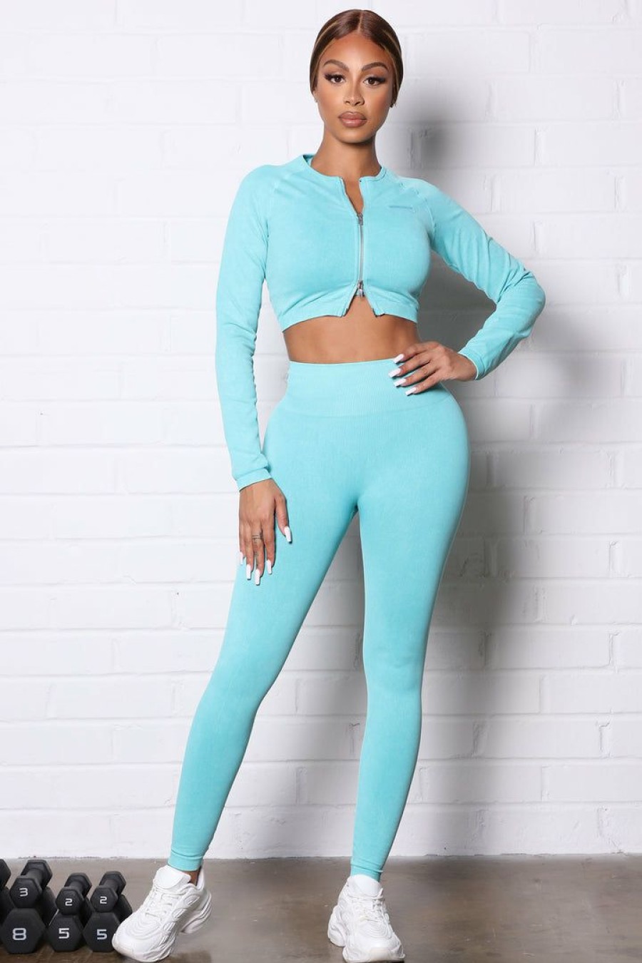 Activewear Tops * | Buy Fashion Nova New Flex Mineral Wash Active Crop Jacket In Infinity Seamless Aqua Activewear Tops