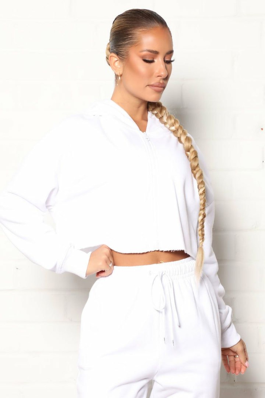 Activewear Tops * | Buy Fashion Nova Activewear Tops Training Crop Full Zip Hoodie White