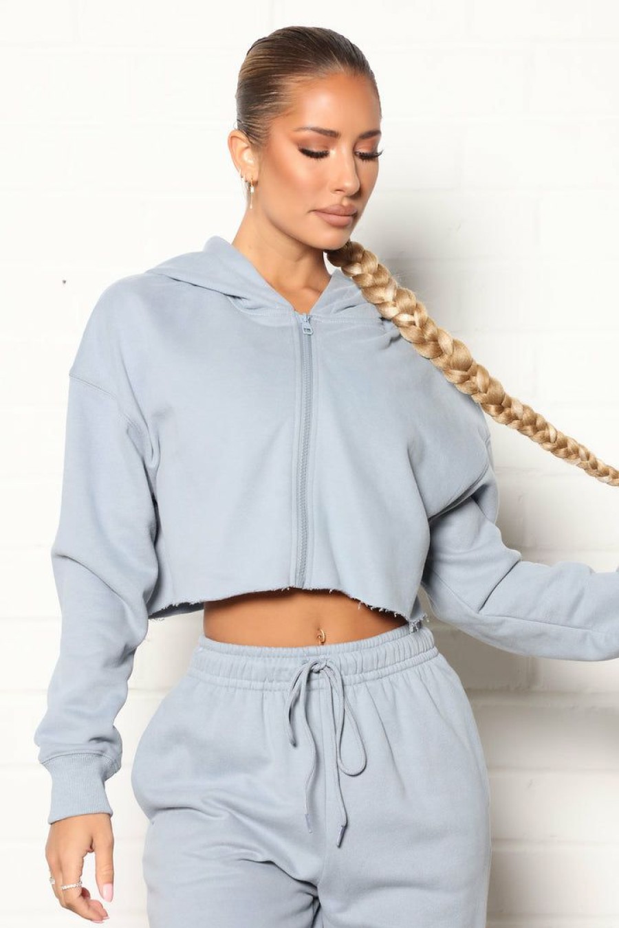 Activewear Tops * | Best Pirce Fashion Nova Training Crop Full Zip Hoodie Slate Blue