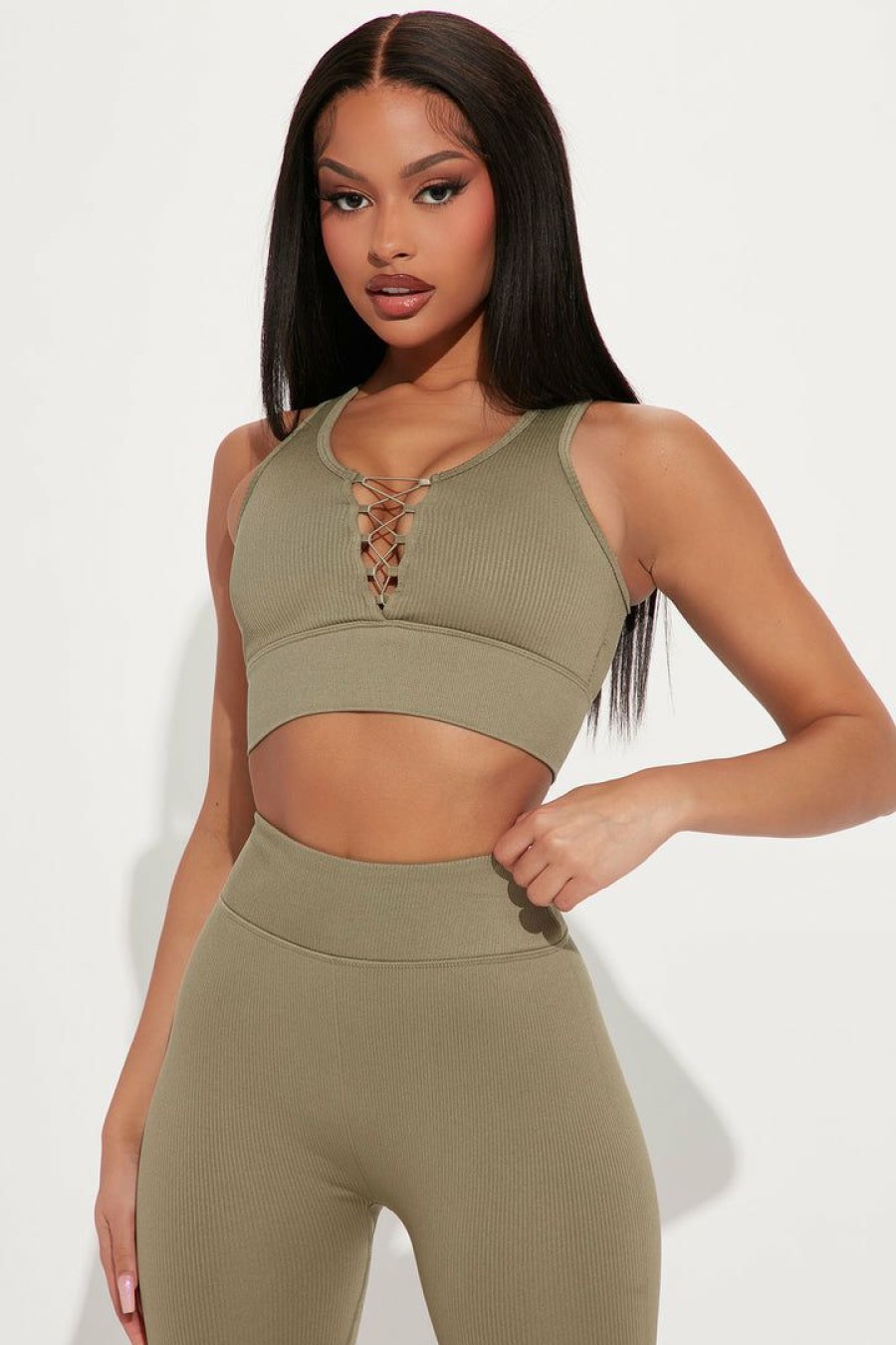 Sports Bras * | Promo Fashion Nova Get Up And Go Seamless Top Olive