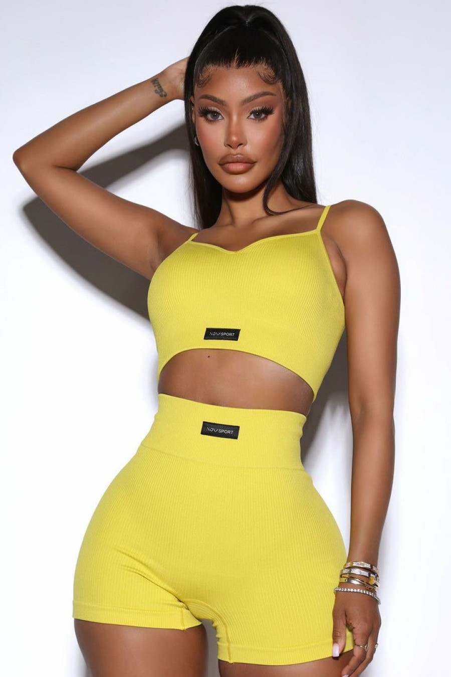 Activewear Tops * | Top 10 Fashion Nova Effortless Amun Ribbed Seamless Sports Bra Electric Yellow Activewear Tops