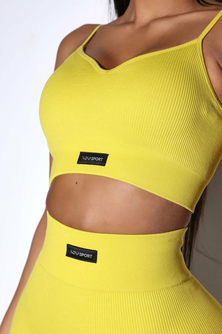 Activewear Tops * | Top 10 Fashion Nova Effortless Amun Ribbed Seamless Sports Bra Electric Yellow Activewear Tops