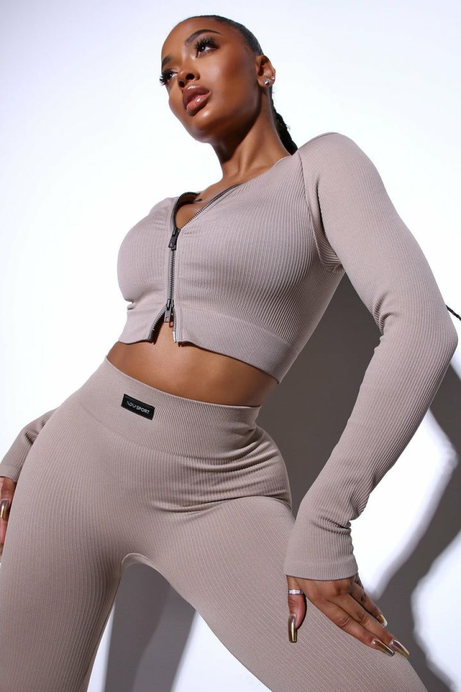 Activewear Tops * | New Fashion Nova Effortless Chandra Ribbed Seamless Crop Jacket Taupe Activewear Tops