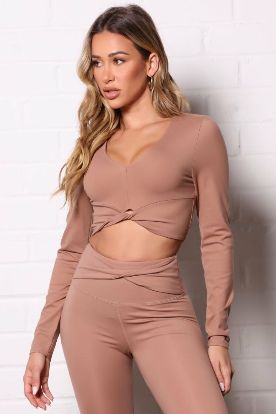 Activewear Tops * | Best Sale Fashion Nova Go For It Super Soft Active Long Sleeve Crop Top Camel Activewear Tops