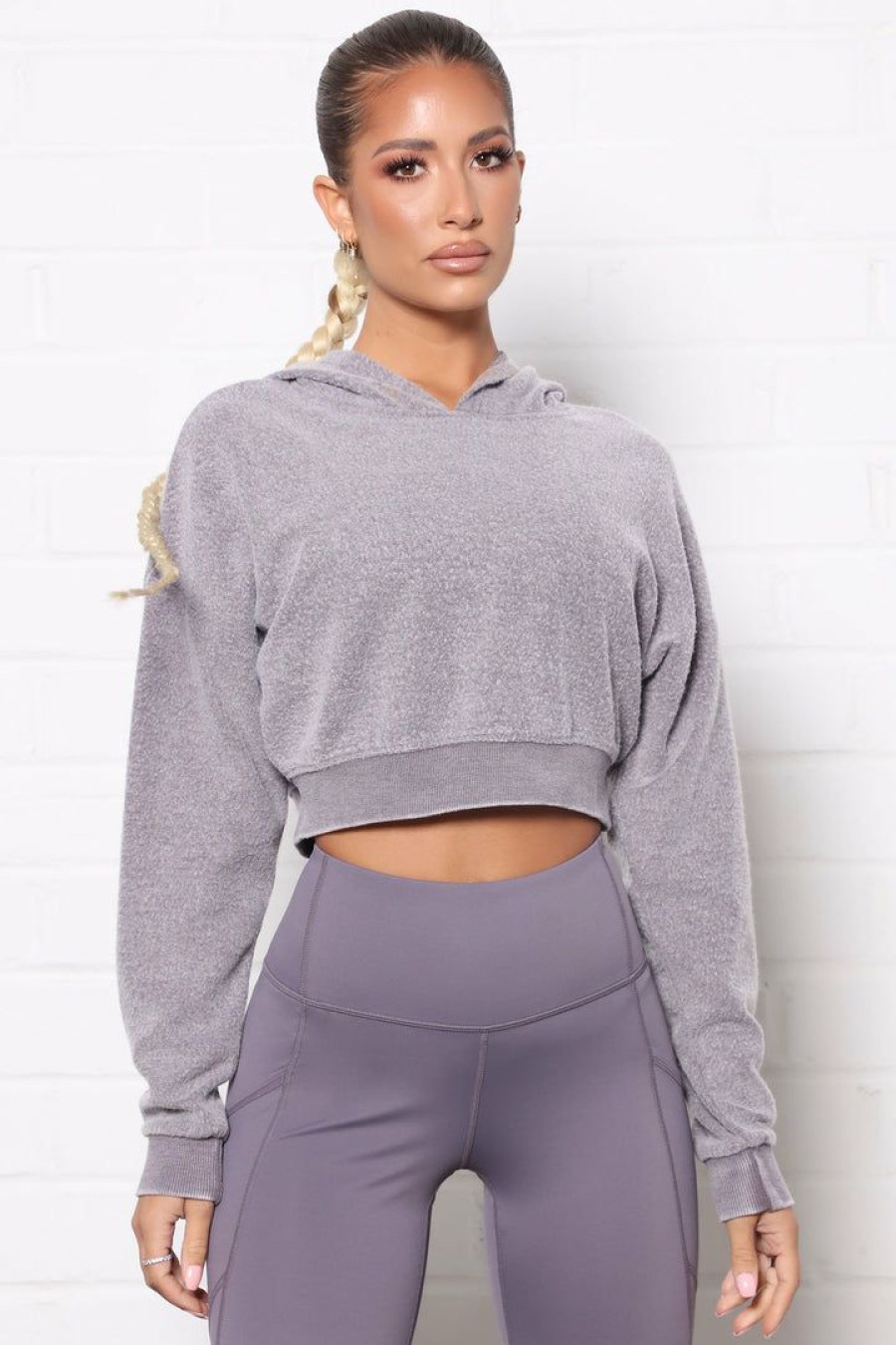 Activewear Tops * | Best Deal Fashion Nova Essential Active Crop Fleece Hoodie Lavender Wash